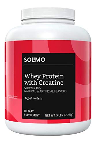 Amazon Brand – Solimo Whey Protein Powder with Creatine, Strawberry, 5 Pound (44 Servings)