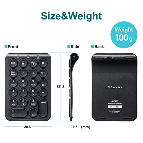 SANWA Bluetooth Numeric Keypad, Rechargeable Wireless Ten Key Number