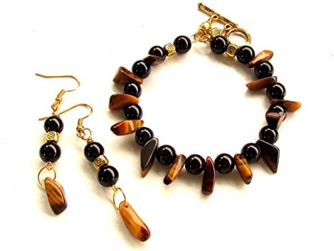 Tiger Eye jewelry set, bangle bracelet, drop dangle earrings