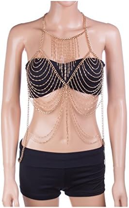 {CN0895 StyleNo1} Women's Sexy Chain Draping Body Chain Body Jewelry Bikini Bra Chain Party Body Chain (GOLD)