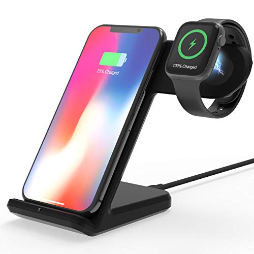 MQOUNY Wireless Charger,2 in1 in 1 Wireless Charger Stand,Charging Station Compatible with iWatch Series 5/4/3/2/1,Fast Wireless Charger Compatible with iPhone 8/X/XR,Samsung S10 All Qi Phones(Black)
