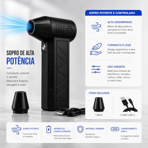 Soprador de Ar para PC Recarregável 130000RPM Air Duster Turbo Jet Fan com 3 Velocidades, Limpador de Poeira para Notebook, Teclado e Eletrônicos