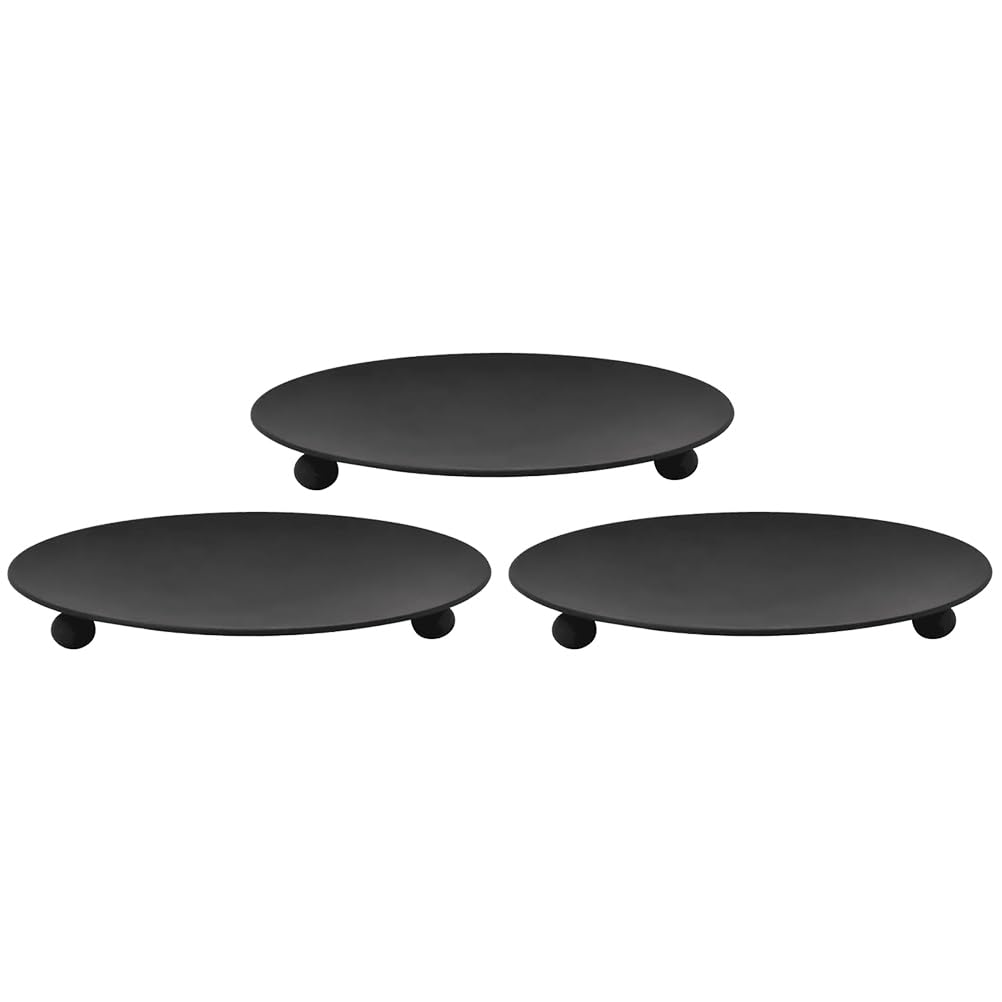 BESPORTBLE 3pcs Rustic Iron Plate Candle Holder 9.5cm Round Iron Plate Black Candle Holders for Pillar Candles, Pedestal Candle Stand for LED & Wax Candles, Spa, Weddings