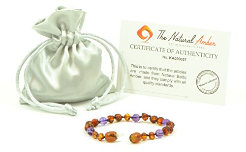 Baltic Amber Teething Bracelet/Anklet {0056} Mixed with Amethyst Beads - 5.5 inches - Amber Jewelry - Hand-Made from Natural Baltic Amber Beads (5.5 inches (14 cm), Cognac/Amethyst)