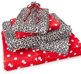 Wrapeez Gift Wrap – Quick & Easy Present Wrapping With Built-in Bows – Stretchable Reusable/Eco-Friendly Fabric Fits All Shapes & Sizes – Perfect for On-The-Go – No Scissors/Tape Needed (Leopard/Red Dots, 5 Pack)