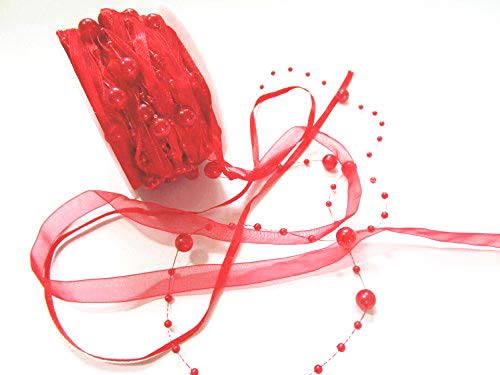 10m Organza Bead Ribbon with Pearls 3 and 8 mm: Red