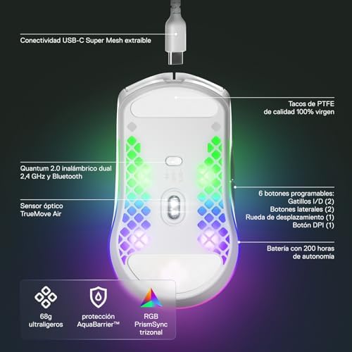 SteelSeries Aerox 3 Wireless - Mouse para jogos perfurado RGB - Design ultraleve resistente à água - Sensor ótico TrueMove Air 18K DPI - Neve