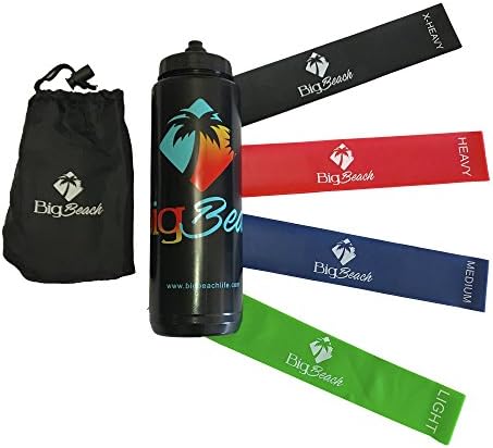 Exercise Resistance Loops Bands / Big Beach 4pc Set / Limited Edition Water Bottle / Travel Bag / Home or Gym use - Yoga, Pilates, Booty Bands, P90x, Rehabilitation