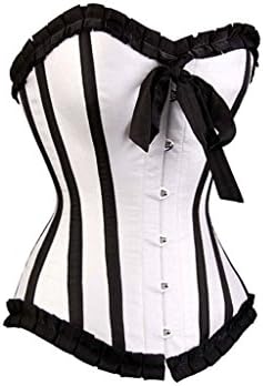 White Satin Black Frill Gothic Retro Burlesque Bustier Overbust Corset Costume