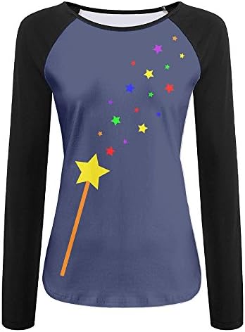 Weng Rainbow Magic Wand Women's Color Block Long Sleeve T-Shirts Crew-Neck Casual Slim Tops Athletic Fitted Tee