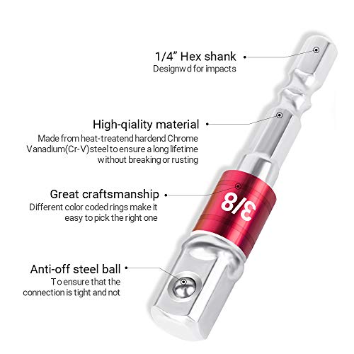 Impact Grade Socket Adapter/Extension Set, Turns Power Drill Into High Speed Nut Driver, [3 in a Pack] 1/4", 3/8", and 1/2" Drive, Socket to Drill Adpater for Impact Drivers, Best Tools Gift for Men - Thumbnail 2