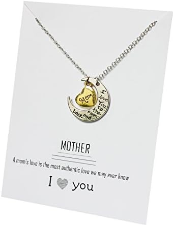 Mom I love you Gift card Heart and Moon Pendant Necklace 18 Inch