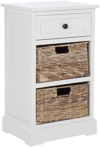 Classic Design 1 Drawer Bedside Table with 2 Rattan-Style Baskets (Material: Solid Wood, Fully Assembled) (Distressed Cream)
