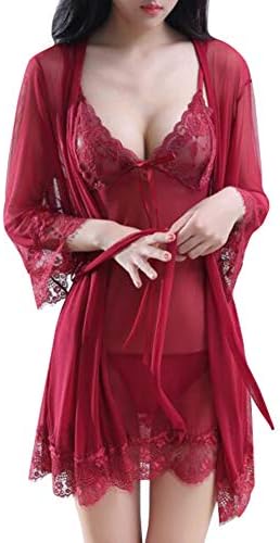 Queenmore 3 Pcs Women Lingerie Chemises Set Lace Slip V Neck Mesh Babydoll Sleepwear Bathrobe Nightgown Underwear
