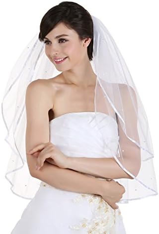 2T 2 Tier 1/4" Ribbon Edge Rhinestone Crystal Bridal Wedding Veil - Ivory Elbow Length 30"