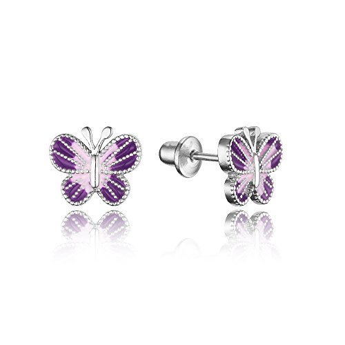 Sterling Silver Rhodium Plated Enamel Butterfly Screwback Baby Girls Earrings