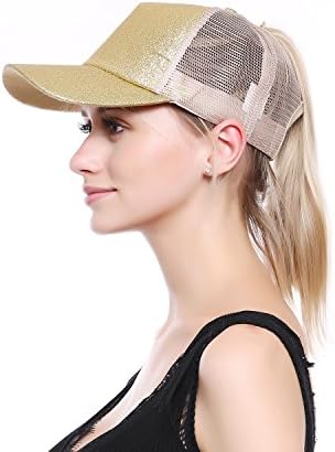 Sven Home Ponytail Baseball Hat Messy High Bun Ponytail Adjustable Glitter Mesh Trucker Golf Baseball Cap (Glitter Gold)