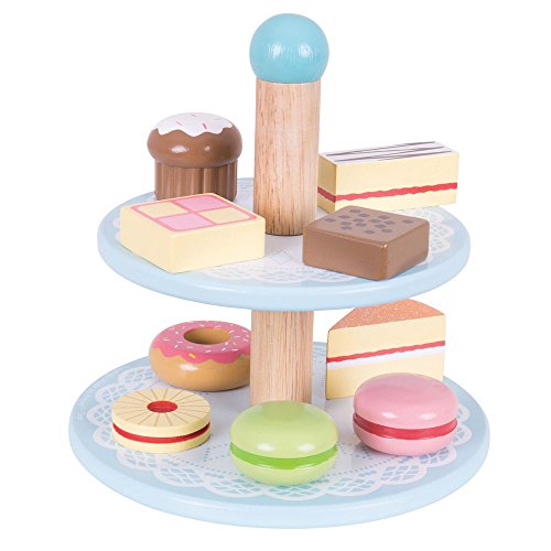 Bigjigs Toys Wooden Cake Stand with 9 Wooden Cakes - Pretend Play and Role Play for Children