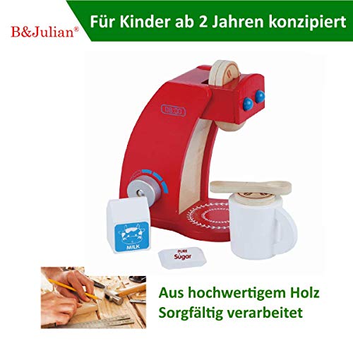 B&Julian Kaffeemaschine Spielzeug aus Holz mit 3 Kaffeepads Becher Milch Zucker Zubehör Kinderküche Set 8 TLG. für… – Bild 3