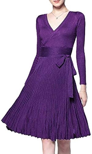 Women V Neck Long Sleeve Mock Wrap Fit Flare Belted Knit Sweater Dress, Style-1 Dark Purple, One size price in UAE | Amazon UAE | kanbkam Women V Neck Long Sleeve Mock Wrap Fit Flare Belted Knit Sweater Dress, Style-1 Dark Purple, One size price in UAE | Amazon UAE | kanbkam