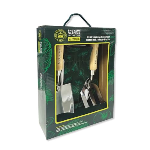 Spear & Jackson 3055KEW Kew Gardens Collection Botanical Hand Tool & Gloves Gift Set - Stainless Steel Hand Trowel & Weed Fork with FSC® Wooden Handles + Patterned Leather-Palm Gardening Gloves