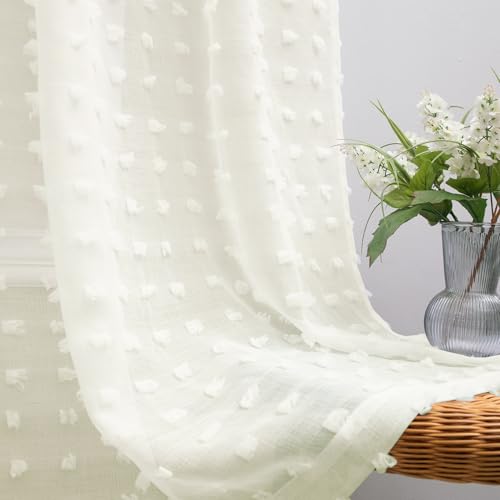 KOUFALL Cream Off White Curtains 96 Inches Long for Living Room Farmhouse Pom Pom Textured Boho Sheer Curtains for Bedroom Laundry Room 2 Panels 52x96 Inch Length Ivory