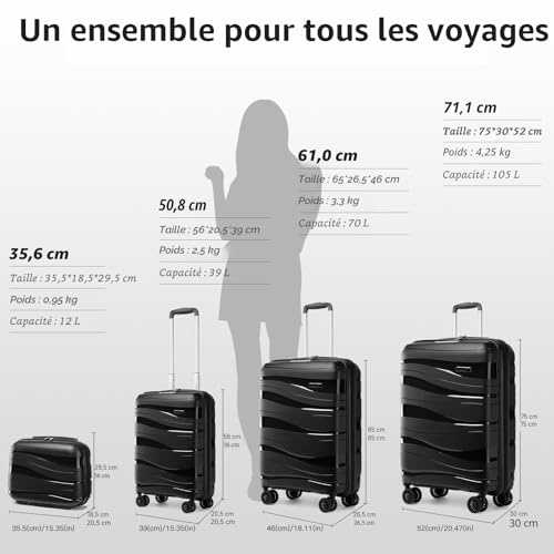 Kono Medium Suitcase 65 cm Rigid Polypropylene Travel Suitcase with 4 Wheels and TSA Lock, Black