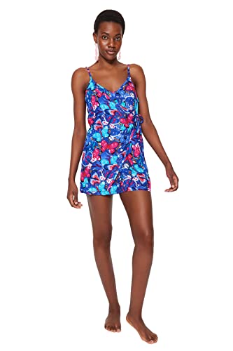 Trendyol Damen Jumpsuit mit floralem Muster Overalls, Blau/Mehrfarbig, 62