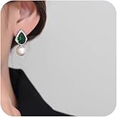 Pearl Earrings for Women, 925 Sterling Silver Dangle Pear Shaped Green Zircon Birthstone Drop Dangle Earrings, 12MM Freshwater Cultured Pearl Dangle Pearl Wedding Evening Party Earrings