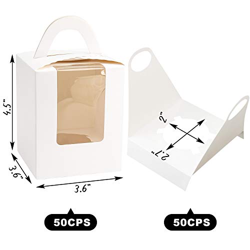 White Cupcake Boxes,50pcs Single Cupcake Carrier with Window Insert and Handle Kraft Pastry Containers Muffins Cupcake Carriers for Bakery Wrapping Party Favor Packing