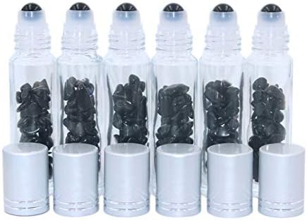 Gemstone Essential Oil Roller Ball Bottles With Crystal Chips Inside,10 Pack 10ml Clear Glass Roller Bottles Perfume Sample Roll On Bottles (Black Obsidian)