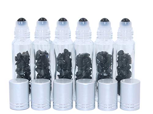 Gemstone Essential Oil Roller Ball Bottles With Crystal Chips Inside,10 Pack 10ml Clear Glass Roller Bottles Perfume Sample Roll On Bottles (Black Obsidian)