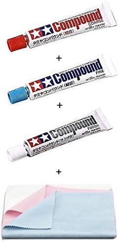 Tamiya Compound (Coarse) + Tamiya Compound (Fine) + Tamiya Compound (Finish) + Tamiya Makeup Series No.90, Compound Cloth (3 Color Set) 87090 Set