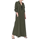 MARSVOVO Linen Maxi Dress Women's Casual Button Down Dress Linen Long Shirt Dress Cotton Kaftans for Women Tshirt Dresses