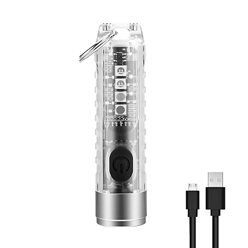 Mini Led Flashlight, Handheld Flashlight, 400 Lumens Outdoor Rechargeable High Bright Multi-Functional Keychain Flashlight, with UV Light & Warning Light, Water Resistant for Camping Hiking (White)