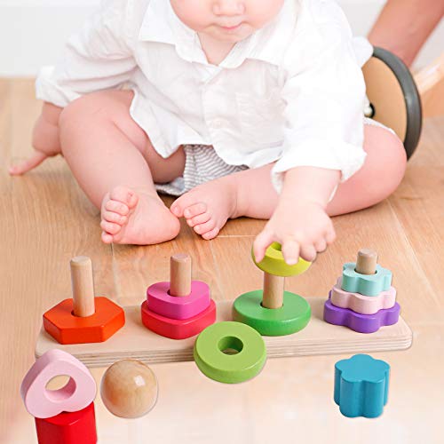 Wooden Four Column Tower Rainbow Stacker Stacking Ring Game Toddler