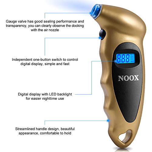 NOOX Accurate Digital Tire Pressure Gauge for Car Truck Motocycle Bicycle Jeep Sedan Limousine Wagon Tires 150 PSI - Gold - Thumbnail 3