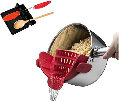 Clip-on Strainer for Spaghetti,Pasta,Ground Beef Grease,Colander, Silicone Sieve Snaps on Bowls, Pan Strainer for Kitchen Food Filter, by Lexvss【Black Utensil Rest + Red Strainer】
