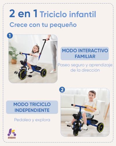 Triciclo Evolutivo, 1,5 a 5 Años, Barra de Empuje Ajustable, Azul