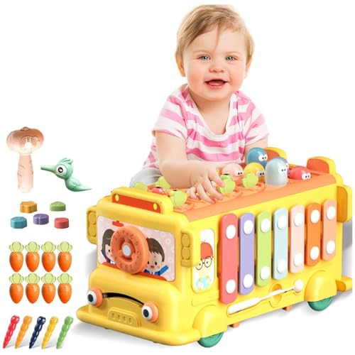 AM ANNA 12-in-1 Montessori Toy for 1-3 Year Old Baby Boys Girls - Hammering Pounding Harvest School Bus With Gears, Teaching Clock, Fishing Game and Color Matching - Gift for Kids
