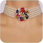 fxmimior Boho Women Multilayer 1920s Rhinestone Necklaces Gold Silver Dainty Pearls Layered Choker Necklaces Colorful Fashion Chunky Pendant Multilayer Adjustable Layering Chain Necklaces for Women