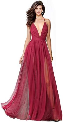 Alluring deep v-Neckline Spaghetti Straps Criss-Cross Open Back Tulle Dual Front Slits Evening Prom Formal Dress (Wine, XXL)
