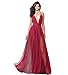 Alluring deep v-Neckline Spaghetti Straps Criss-Cross Open Back Tulle Dual Front Slits Evening Prom Formal Dress Wine
