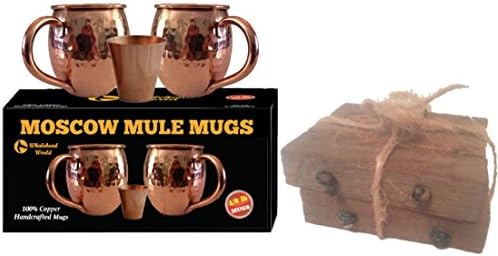 Moscow Mule Copper Mugs - Each Mug weighs 1/2 Pound - 100 % Solid Copper Mugs - Hammered Finish - Set of 2 - 16oz - Bonus Shot Glass! – Two Bonus Tobacco Stick Costers!