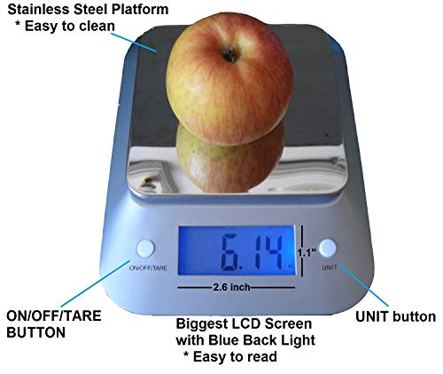 Electrical Digital Kitchen Multi Function Food Scale 0.04 oz / 1g Increment, 11 lb / 5 kg Capacity, Stainless Steel Platform & Extra Large Big Blue Back Lit Light LCD Display 2 AAA Batteries included