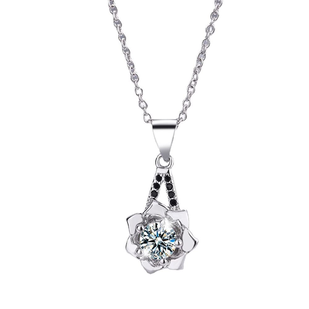 Chandler Black Diamond Flower 925 Silver Necklace Pendant for Women Girls Simple Short Clavicle Chain Birthday Hip Hop Gift