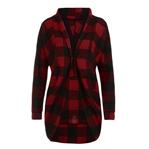 Tsmile Womens Cardigan Coat Clearance Autumn Long Jackets Irregular Lattice Print Ladies Outwear (Red, M)