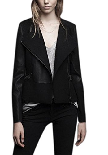 Lingswallow Womens Winter Fashion Black Slim Fit Leather Moto Jacket Outwear