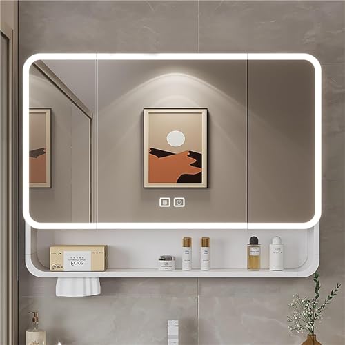 Botiquín con espejo para baño, Espejo de baño con almacenamiento, botiquín LED montado en la pared de aluminio, antivaho, atenuación continua, gabinete con espejo de tocador for baño(White,90x13x51cm)