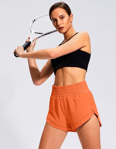 SANTINY WOMEN’S HIGH WAISTED RUNNING SHORTS WITH ZIP POCKETS MESH LINER 2.5″ WORKOUT GYM ATHLETIC SHORTS FOR WOMEN (ORANGE_M)